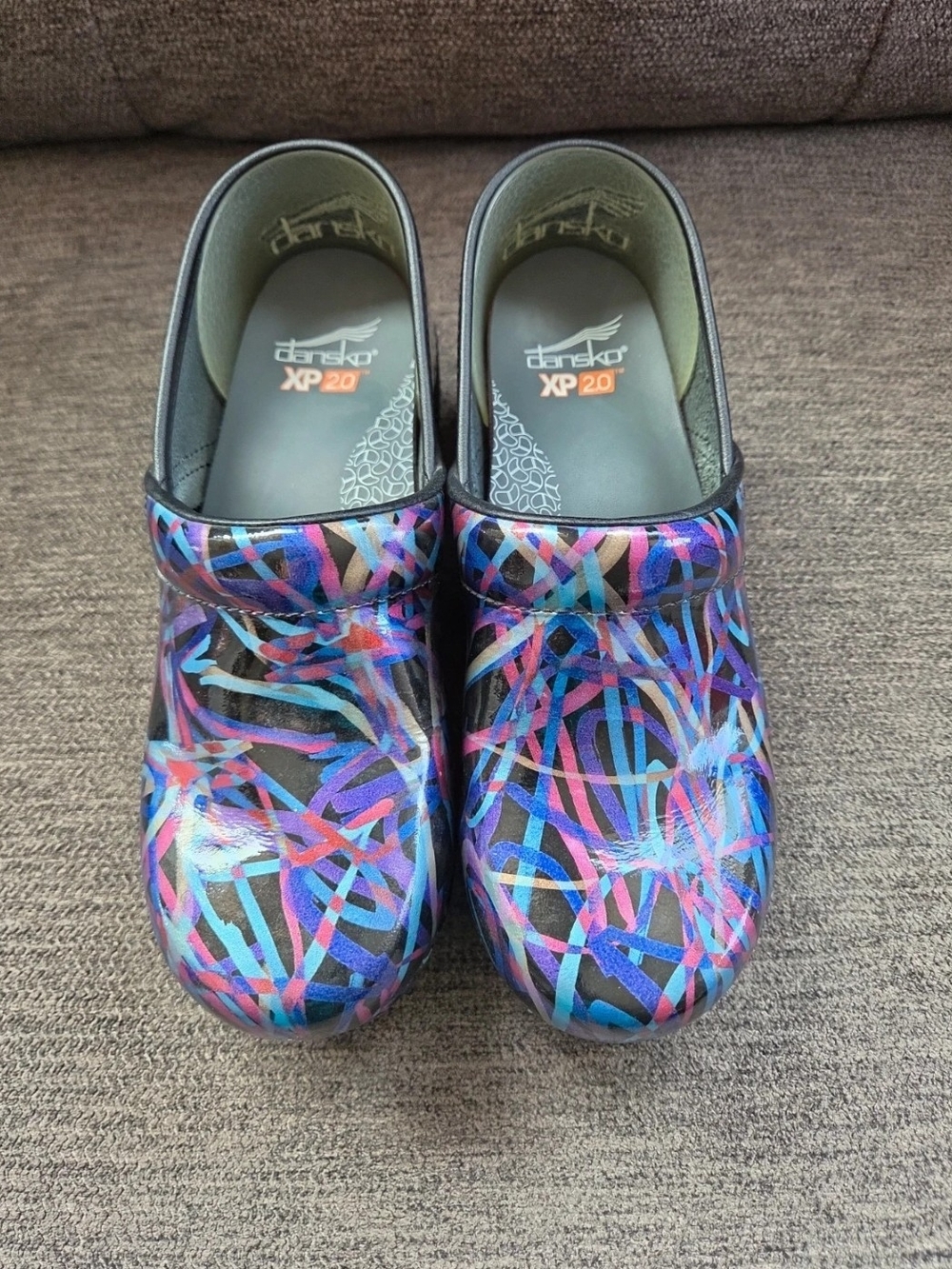Dansko Kids Black Clogs with Blue, Purple & Pink Scribble Pattern